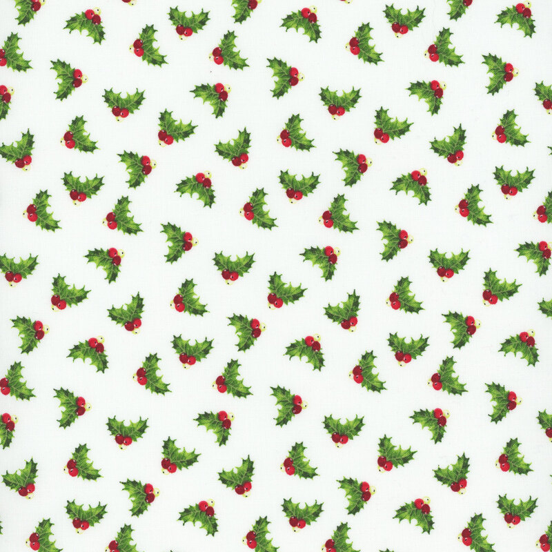 Ditsy holly leaves and berries print on white fabric.