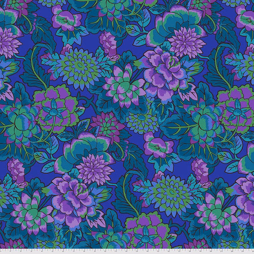 Fabric featuring vibrant blue, aqua, green, and purple flowers over an royal blue background