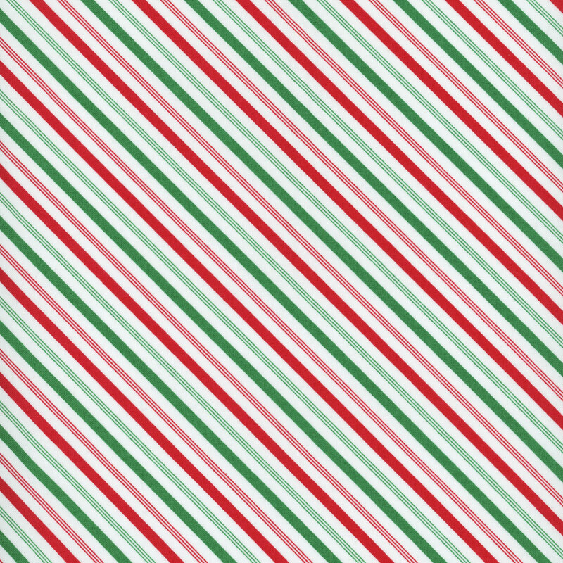 Festive green and red stripes on white fabric.