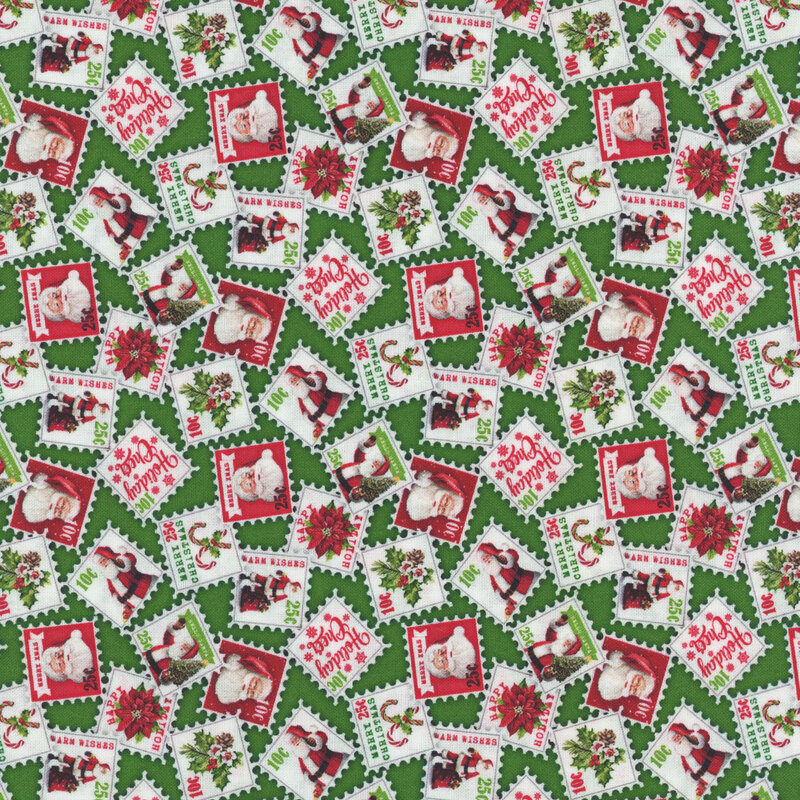 Stamps of Santa and various holiday paraphernalia on green fabric.