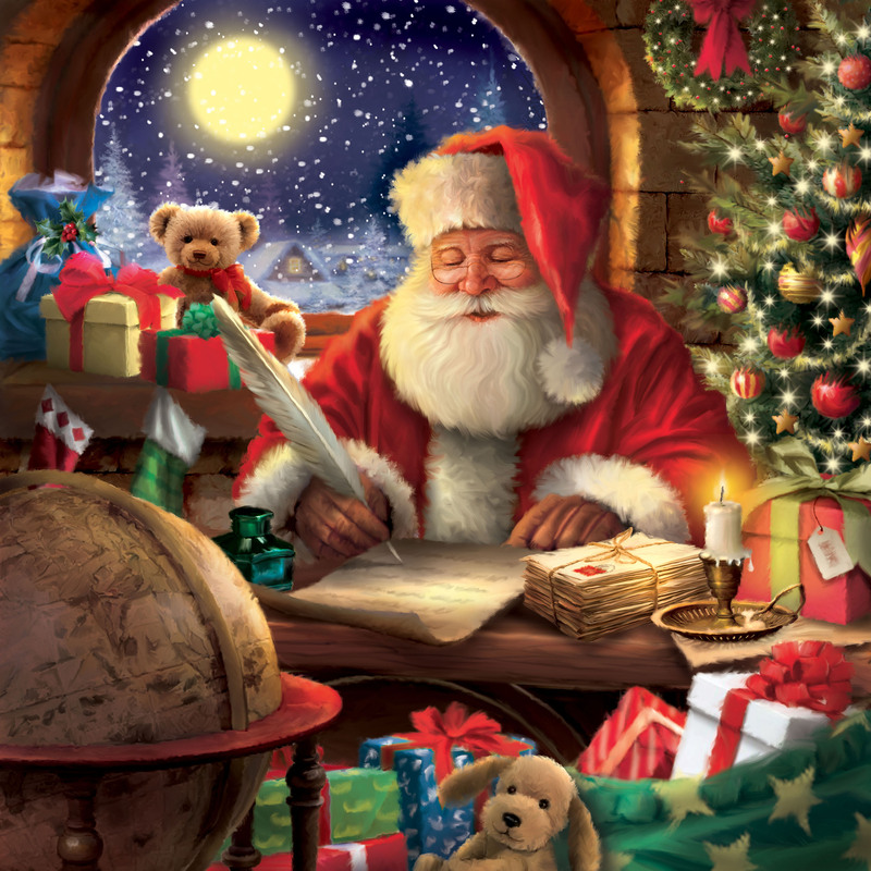 Fabric panel of Santa Claus reading and writing letters in his workshop.