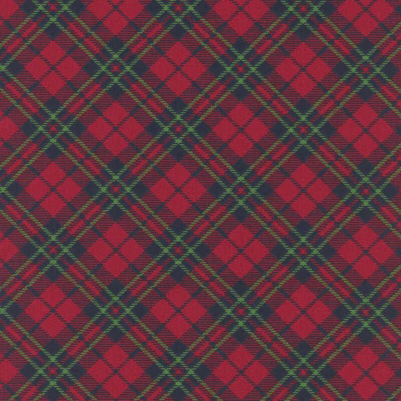 Red plaid with navy and green accent stripes.