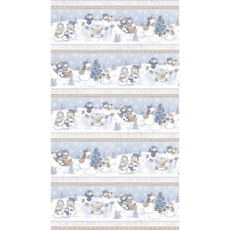 Border stripe featuring 5 stripes of snowman families enjoying snowy winter activities.