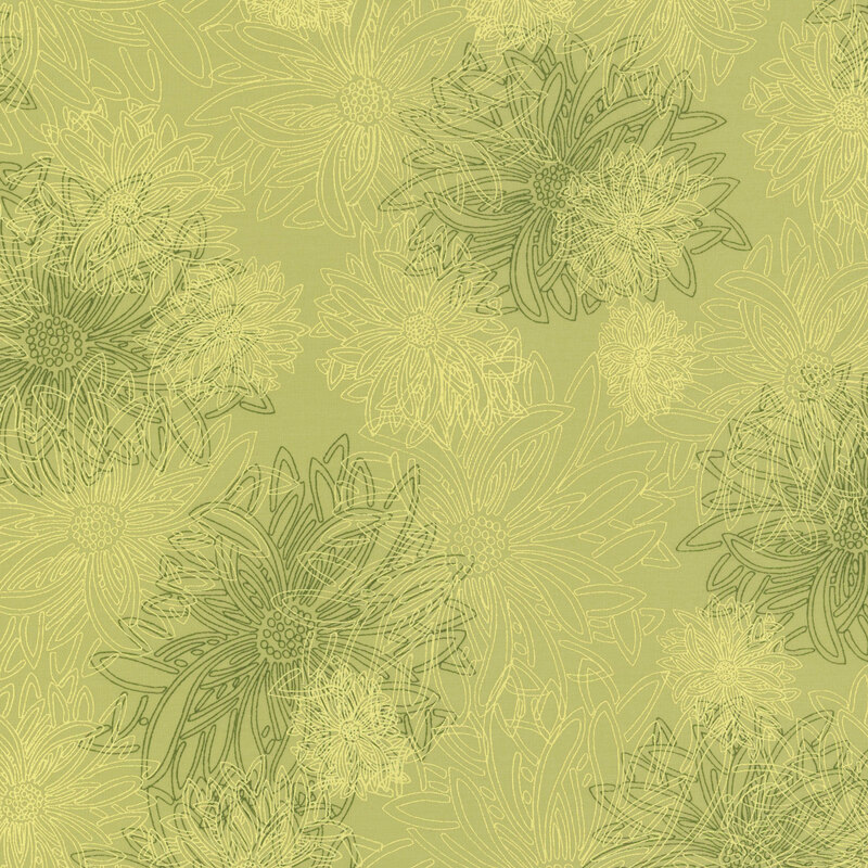 fabric that features green outlined dahlias on a green mottled background