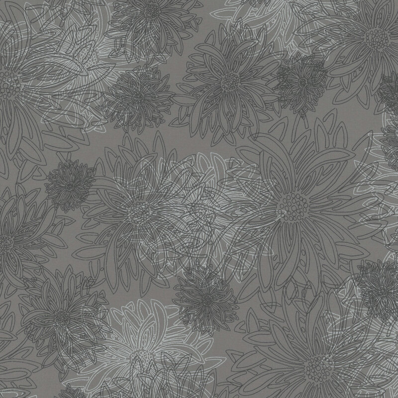 fabric featuring large gray outlined dahlia flowers on a gray background