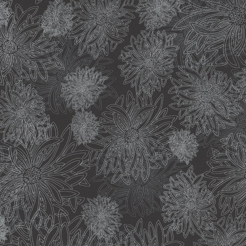 fabric featuring large gray outlined dahlia flowers on a gray background