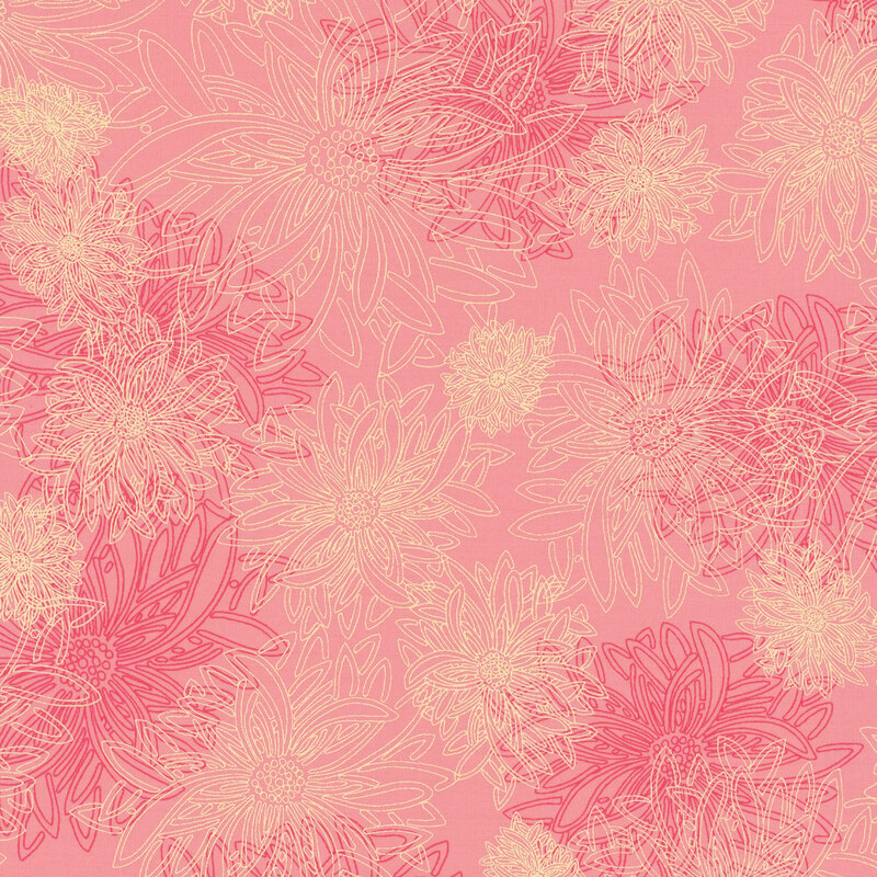 fabric featuring large pale pink outlined dahlia flowers on a pink mottled background