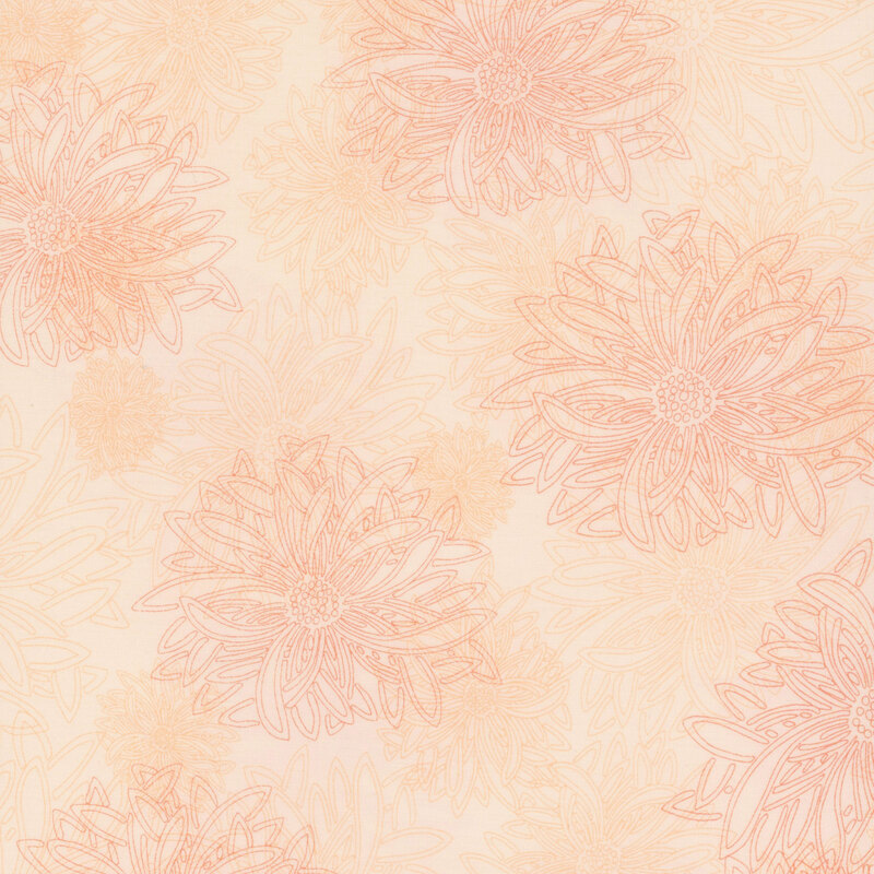 fabric featuring large pale pink outlined dahlia flowers on a pink mottled background