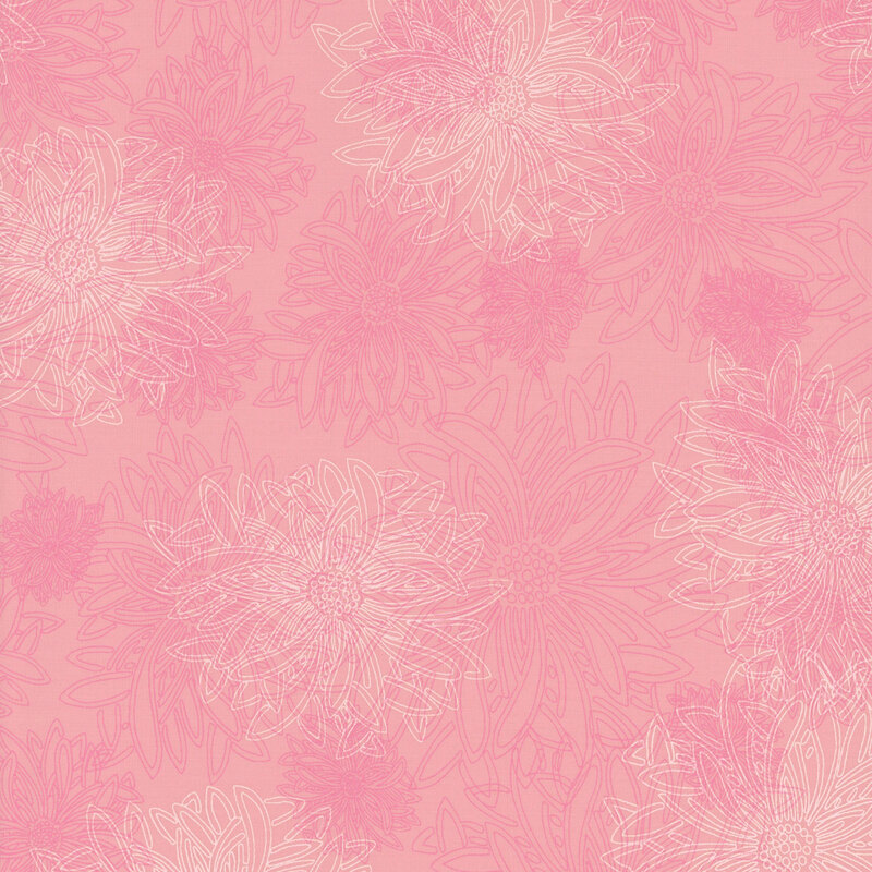 fabric featuring large pale pink outlined dahlia flowers on a pink mottled background