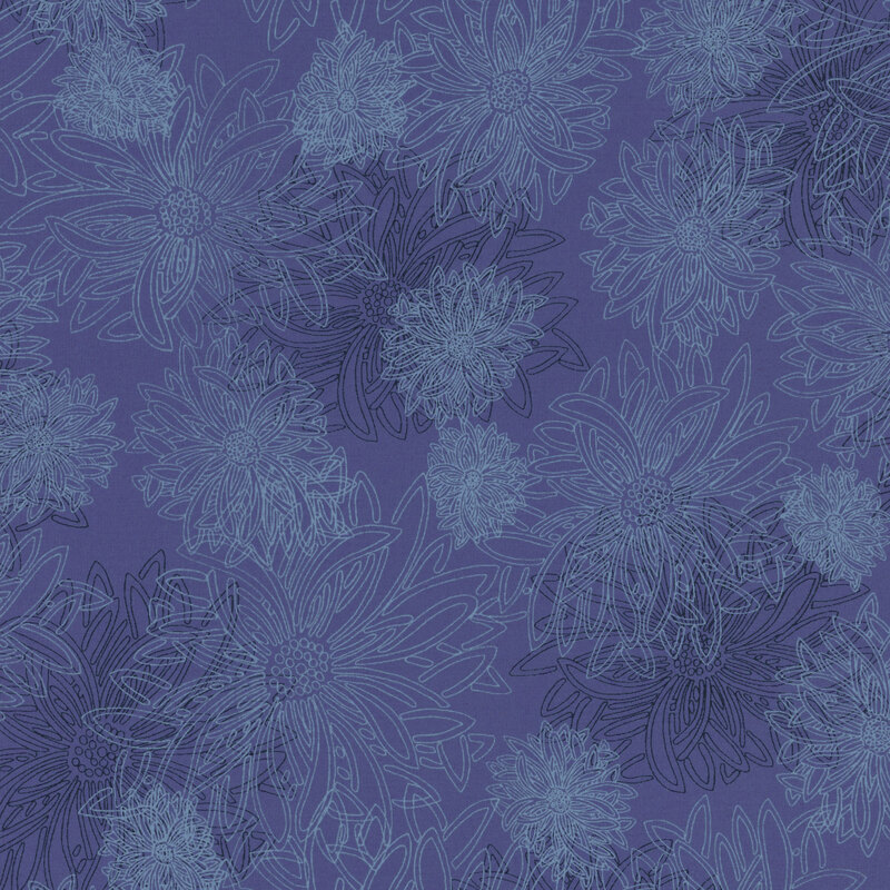 fabric featuring large pale outlined dahlia flowers on a dark blue background