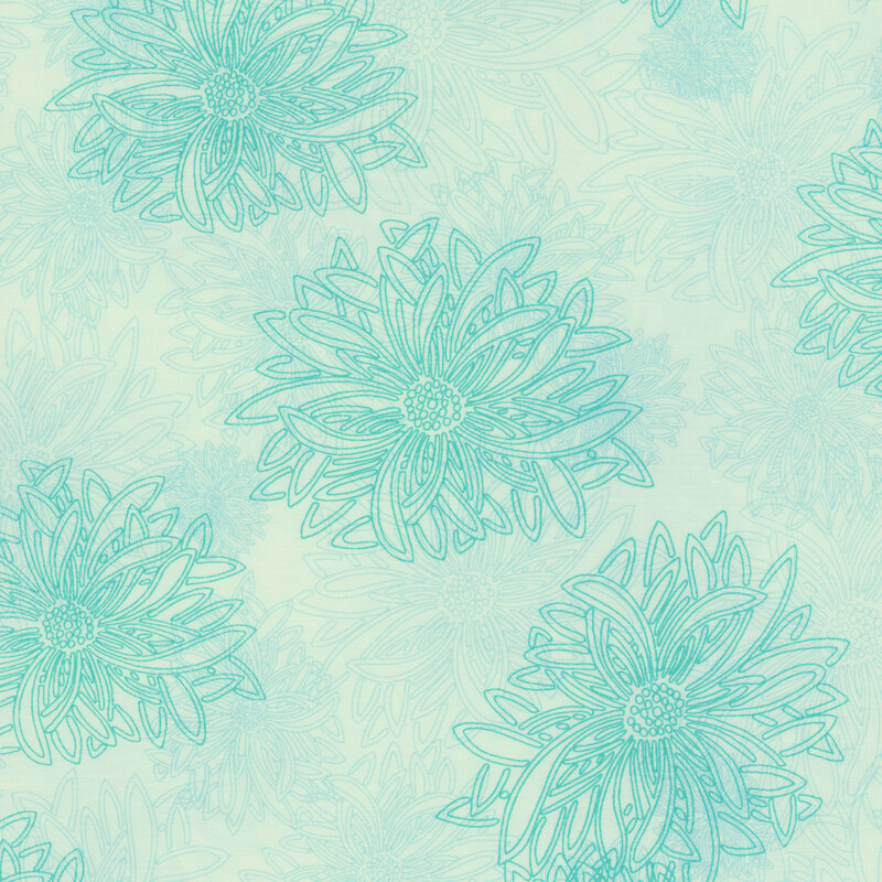 fabric featuring large pale outlined dahlia flowers on an aqua-blue background