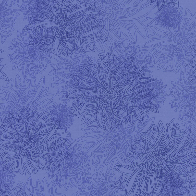 fabric featuring large pale outlined dahlia flowers on a dark blue background