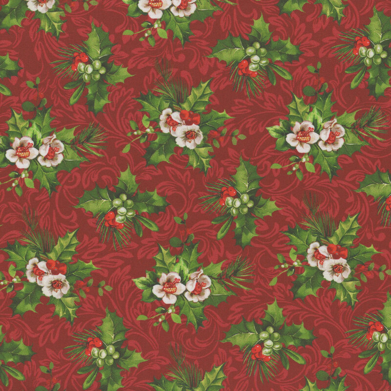 Holly flowers, leaves, and berries on a red background with tonal scrolls.