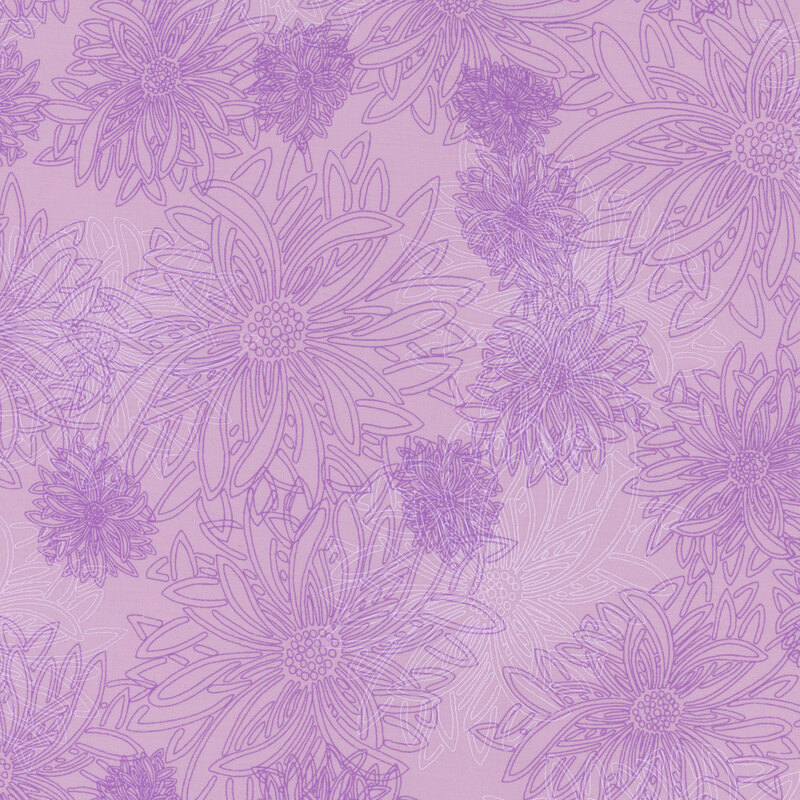 fabric featuring large outlined dahlia flowers on a purple background