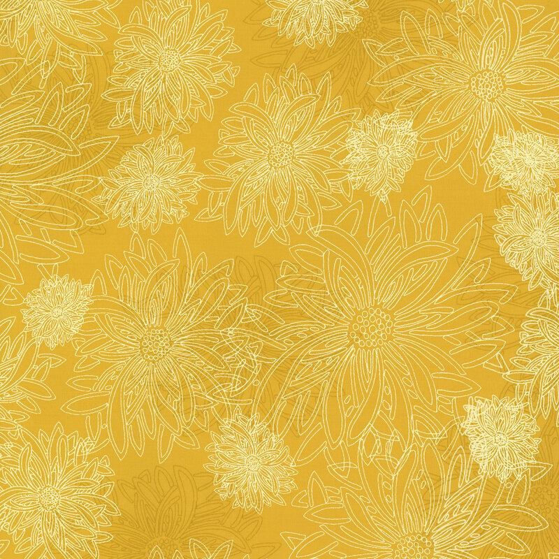 fabric featuring large outlined dahlia flowers on a golden yellow background