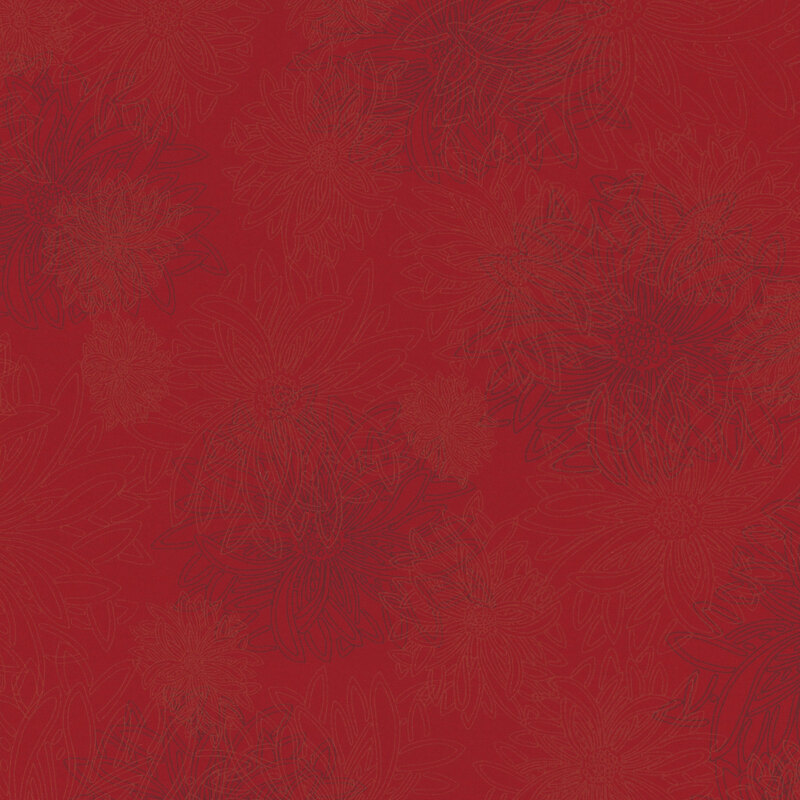 fabric featuring large outlined dahlia flowers on a red background