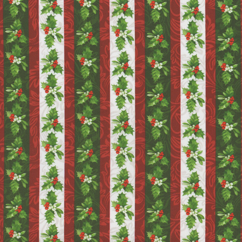 Small holly leaves and berries on varying green, red, and white stripes.