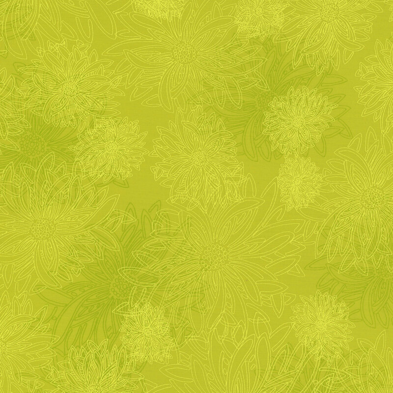 fabric that features green outlined dahlias on a green mottled background