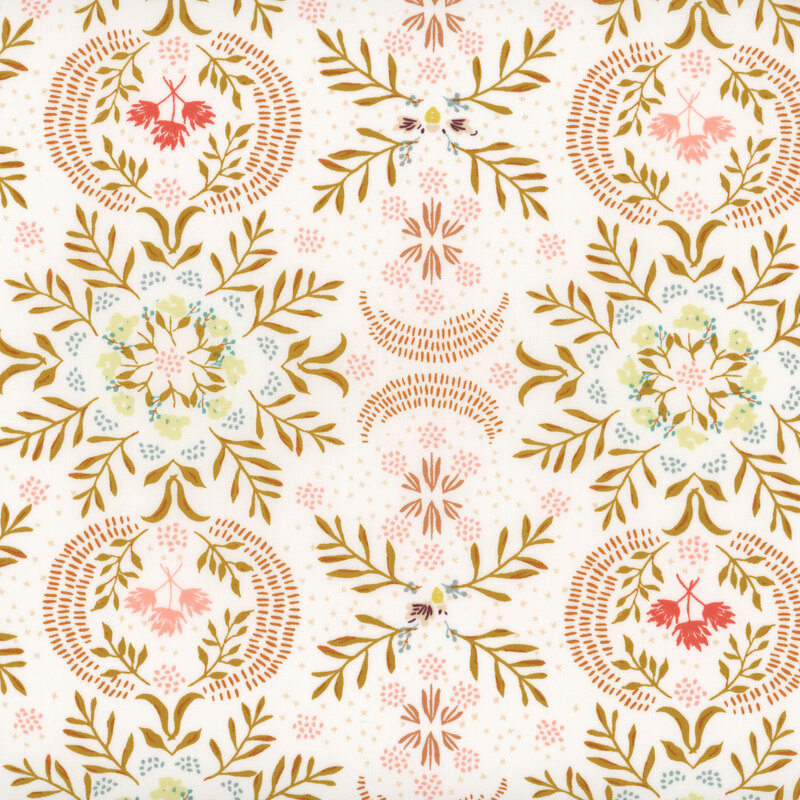 Floral fabric pattern featuring intricate designs in pink, green, and gold on a cream background.