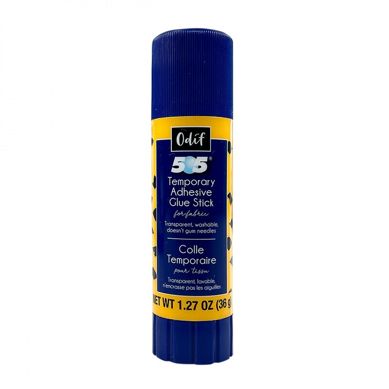 A blue and yellow Odif 505 temporary adhesive gluestick, 1.27 oz (36 g).