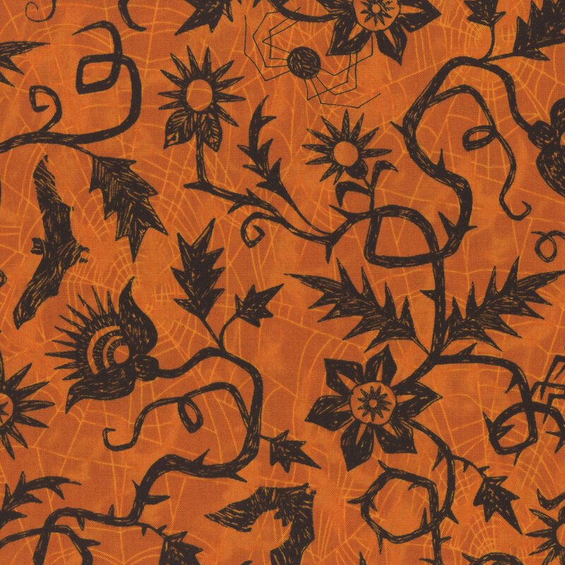 mottled orange fabric, featuring thin spiderwebs and hand drawn black thorny vines, with stylized flowers, bats, and spiders.