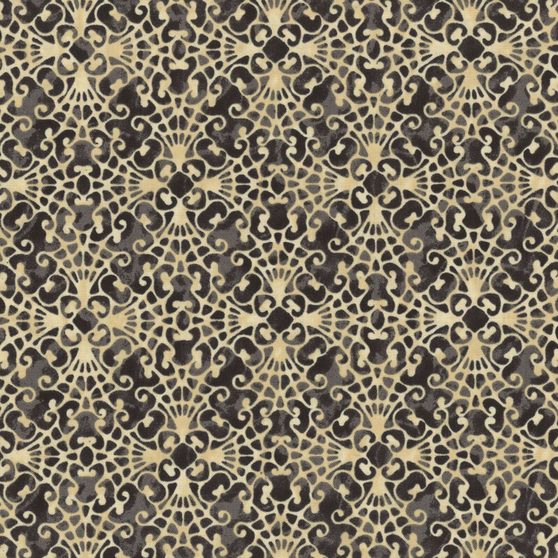 mottled black fabric, featuring a mottled cream cobweb lace