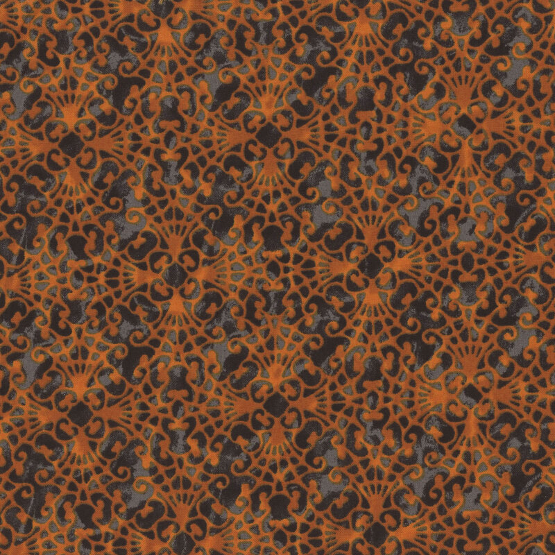 mottled black fabric, featuring a mottled orange cobweb lace