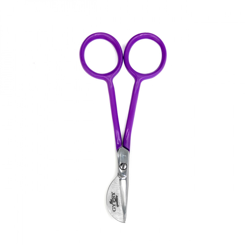 Purple-handled scissors with a rounded duckbill tip and shiny metal blades.