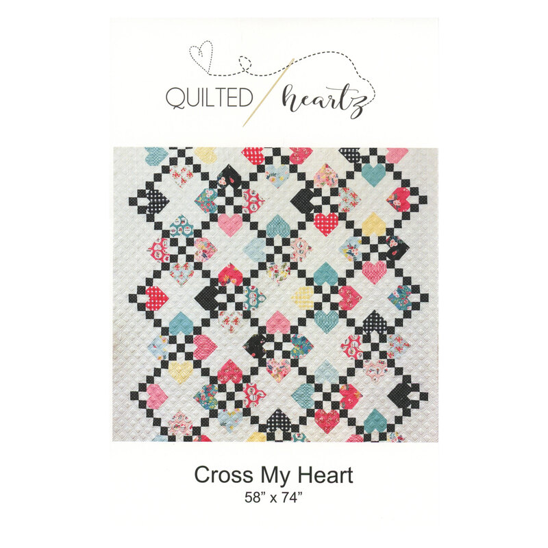 Front of pattern, showing two thirds of the completed quilt, little irish chains of hearts in multicolor