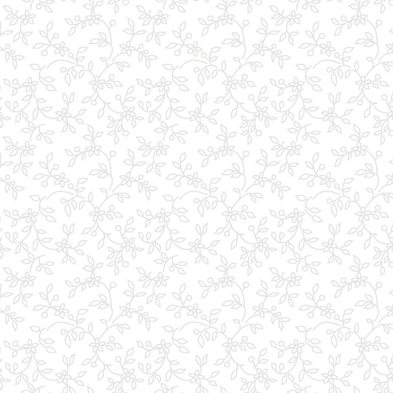 A repeating pattern of delicate gray vines and leaves on a white background.