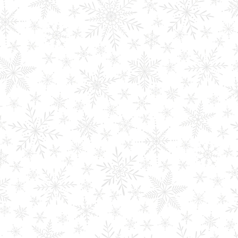 Pattern of various light gray snowflakes on a white background, creating a winter-themed design.