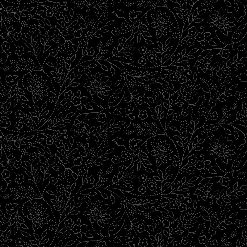 A repeating pattern of delicate flowers and leaves in dark gray on a black background.