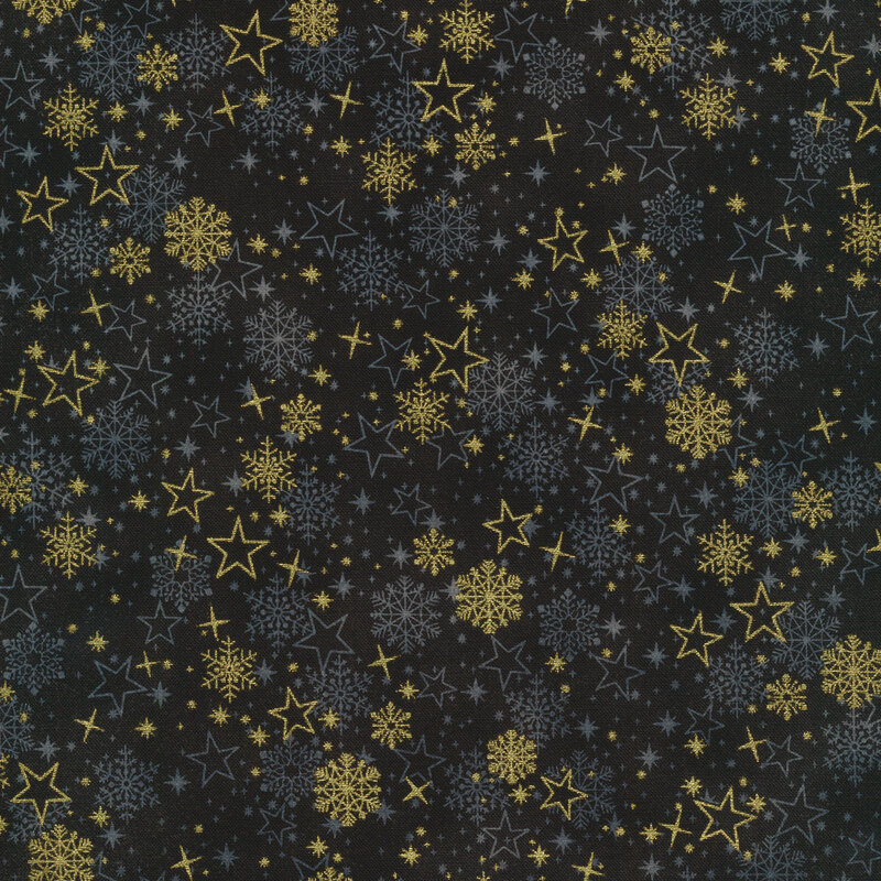 black fabric featuring scattered gray snowflakes and stars overlaid by metallic gold stars and snowflakes