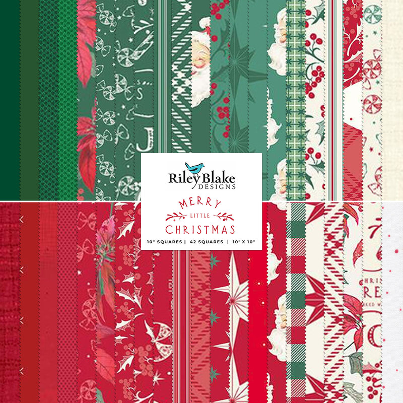 Collage of red and green Christmas themed fabrics, including holly, poinsettia, and Santa Claus patterns.