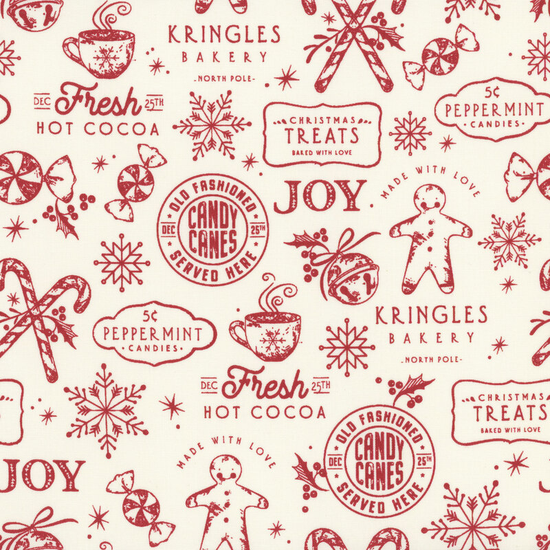 Cream fabric with a red line art pattern of gingerbread and peppermint treats, snowflakes, and café signage.