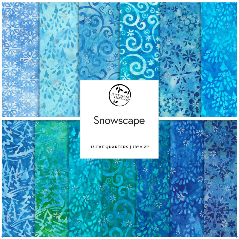 Collage of 13 Snowscape Batik fabrics, in gorgeous shades of blue, teal, and aqua