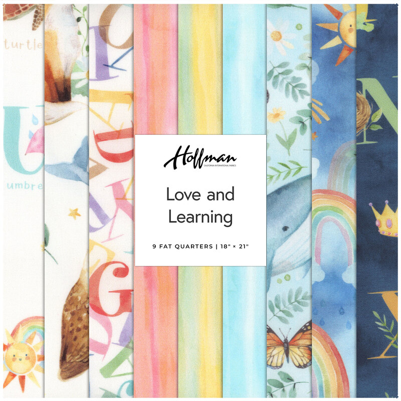 Composite image of 9 fabrics in the Love and Learning collection, layered over each other