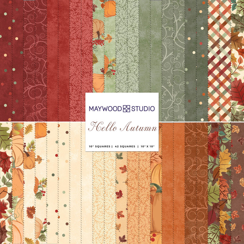 collage of fabrics in hello autumn layer cake in shades of cream, orange, red and green