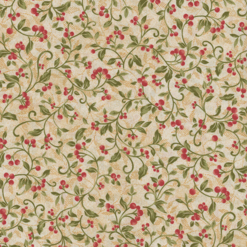 Gold cream fabric with swirly vines with red berries.