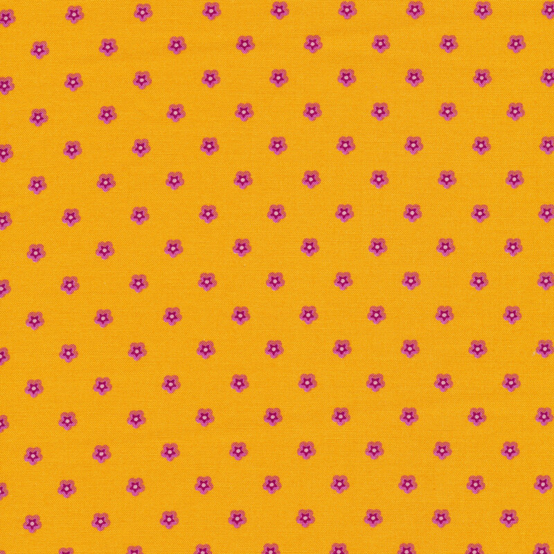 bright orange fabric featuring alternating rows of small magenta 5-petaled flowers