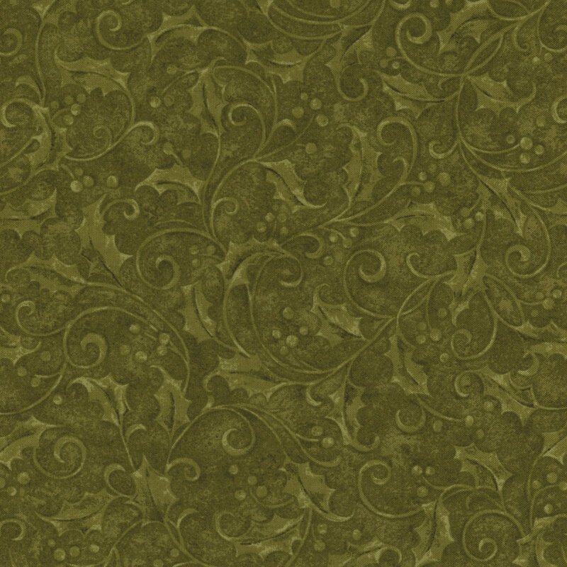 Green fabric with a tonal pattern of swirly vines and berries.