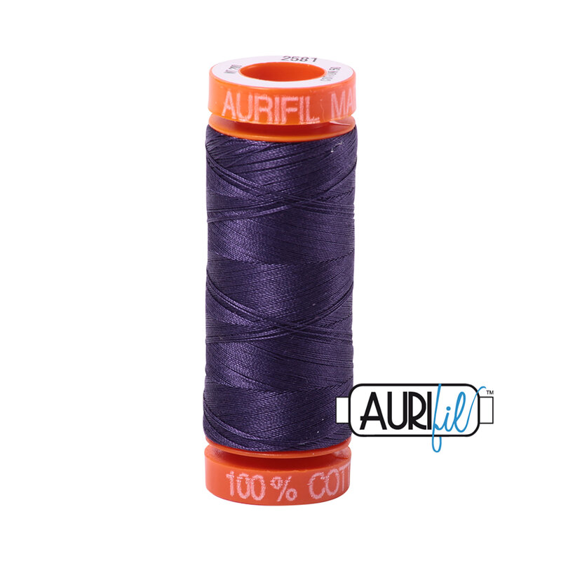 Dark Dusty Grape thread on an orange spool, isolated on a white background