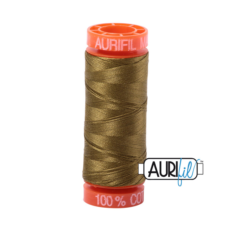 Medium Olive thread on an orange spool, isolated on a white background