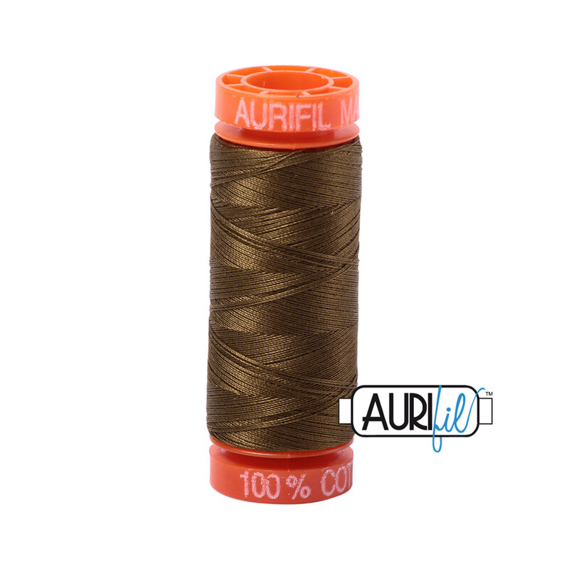 Dark Olive thread on an orange spool, isolated on a white background