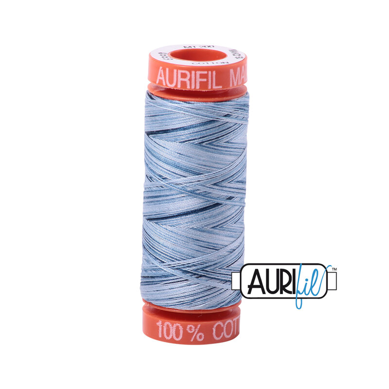 Stonewash Blues thread on an orange spool, isolated on a white background