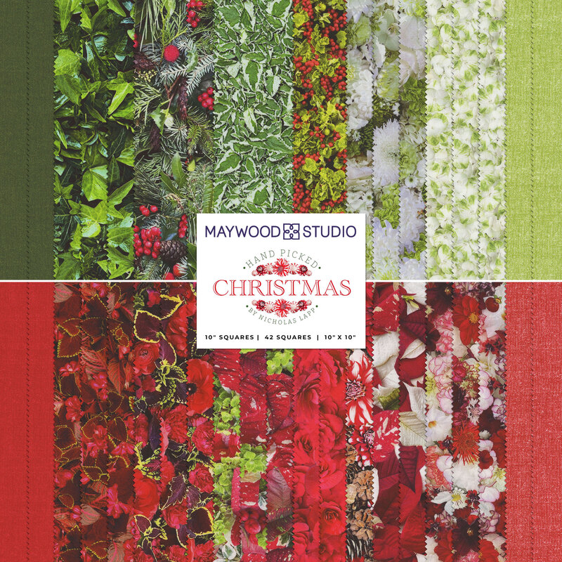 Collage of the green and red floral fabrics included in the Hand Picked: Christmas collection.