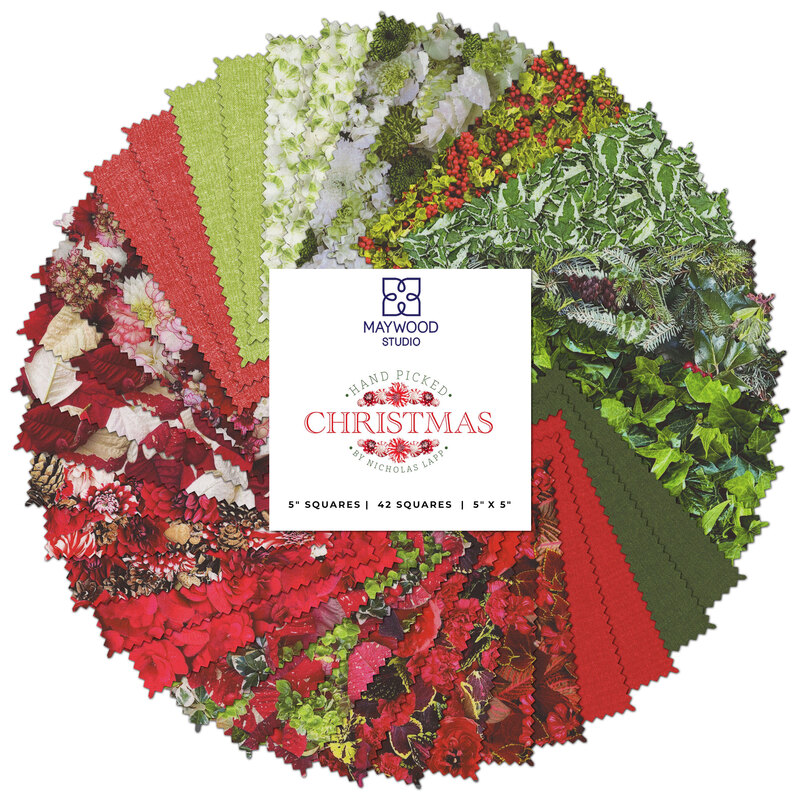 Collage of the green and red floral fabrics included in the Hand Picked: Christmas collection.