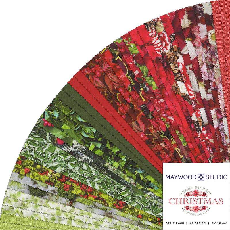 Collage of the green and red floral fabrics included in the Hand Picked: Christmas collection.