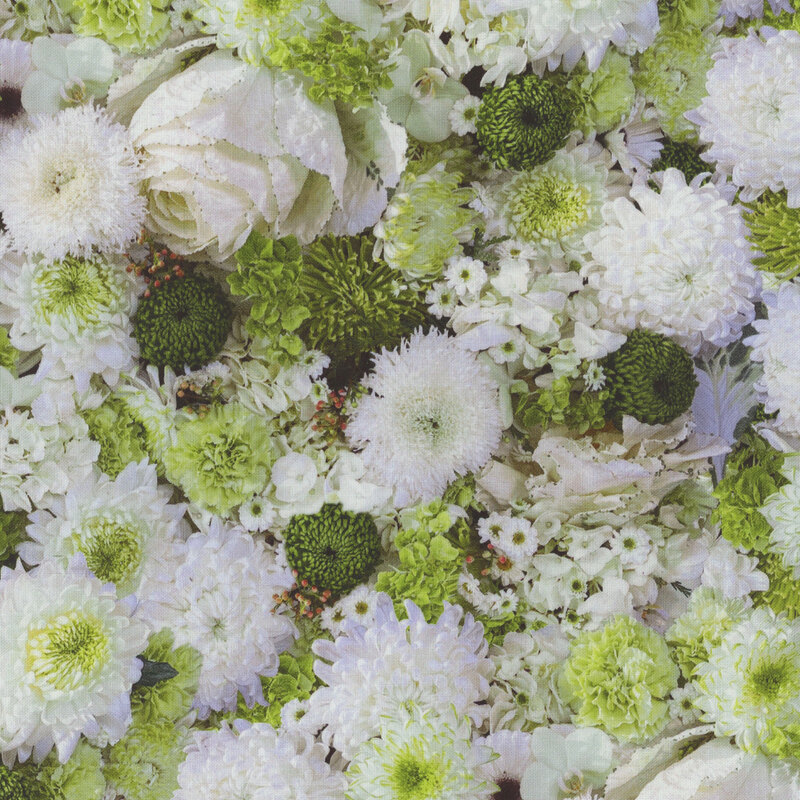 Photorealistic fabric with assorted green and white flowers.