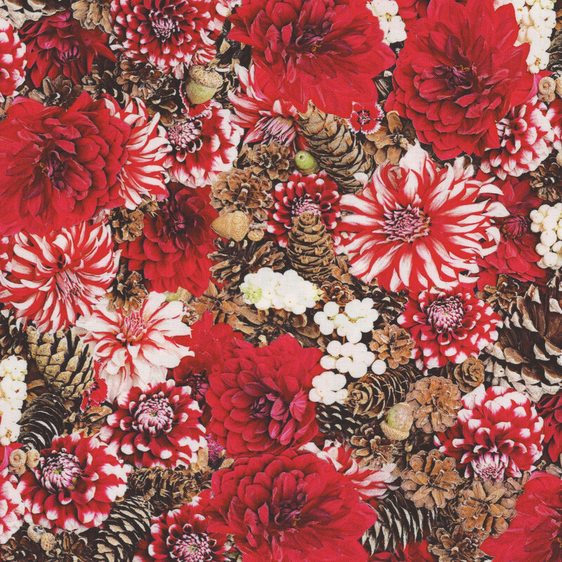 Photorealistic fabric with red flowers and scattered pinecones.